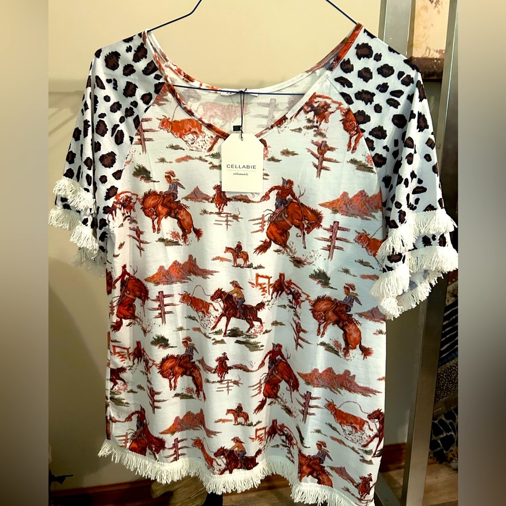 Cowboy pattern V Neck Shirt. Rodeo, Western